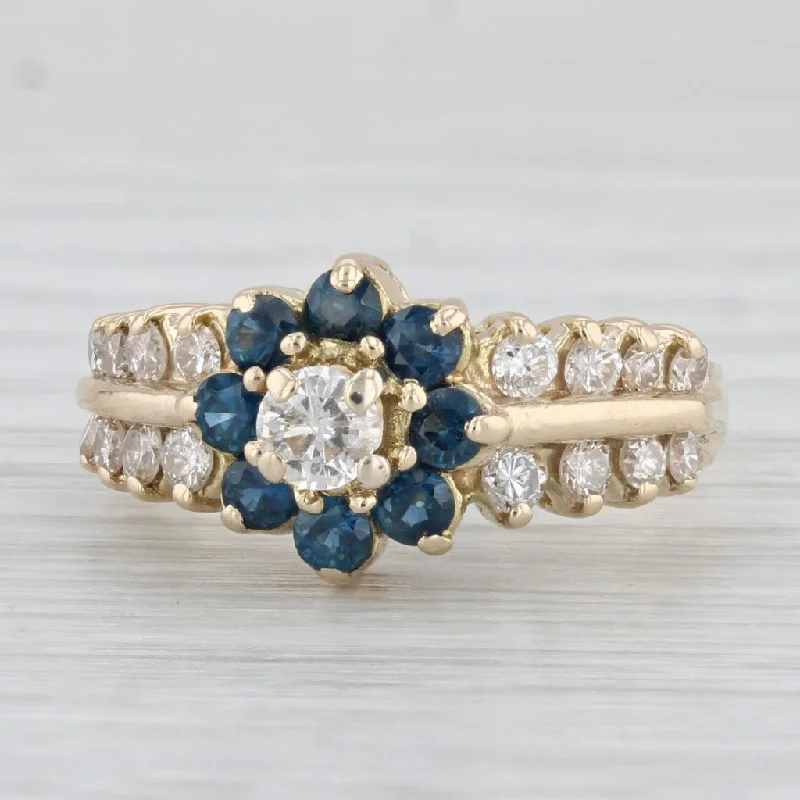 elegant engagement rings for women-1.37ctw Blue Sapphire Diamond Flower Ring 14k Yellow Gold Size 7.5