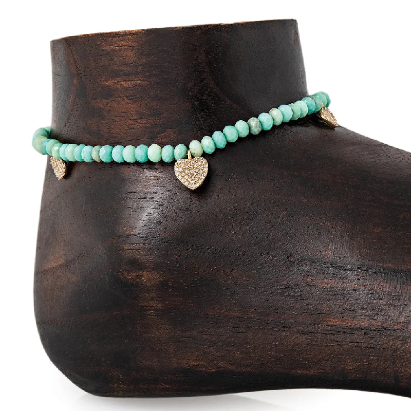 statement bracelet for women-3 GRADUATED PAVE HEART BEADED FACETED CHRYSOPRASE ANKLET