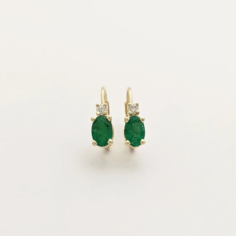 butterfly earrings for women-Oval Emerald and Diamond Huggie Earrings (14K)