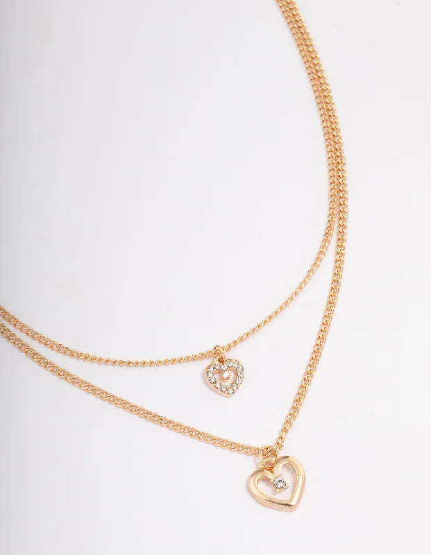 choker necklace for women-Gold Double Chain Heart Diamante Necklace