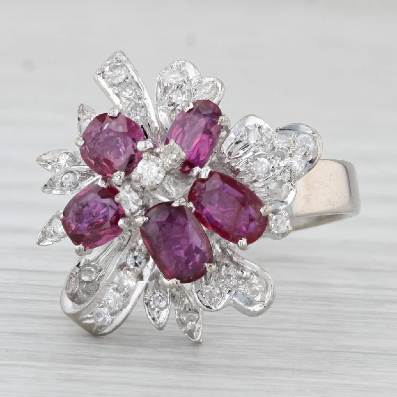 engagement rings with halo diamonds for women-3.19ctw Ruby Diamond Cluster Flower Ring Gold Silver Palladium Size 7 Cocktail