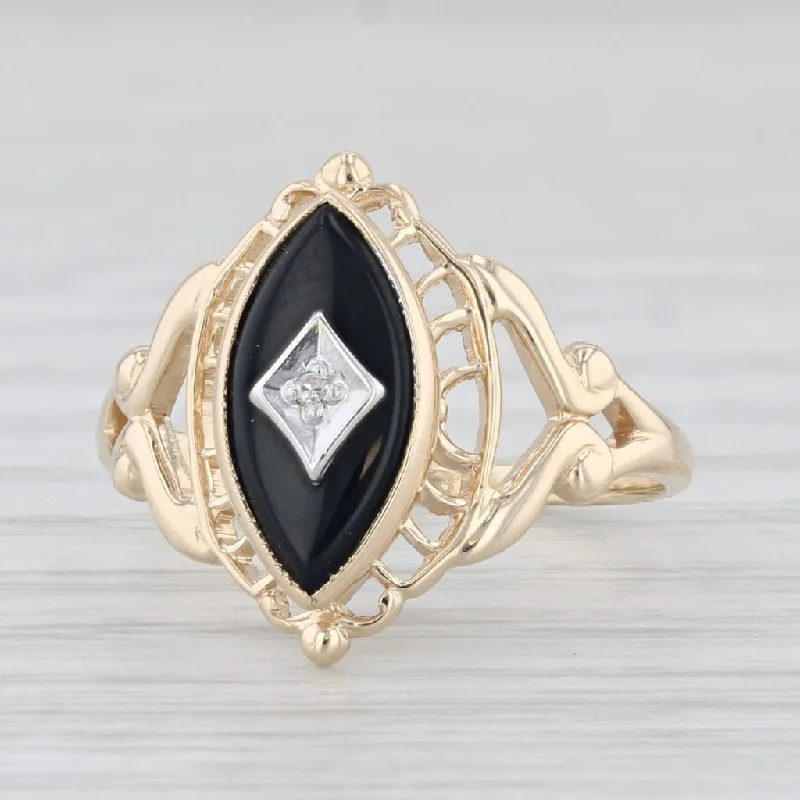 matching engagement rings for women-Vintage Marquise Onyx Diamond Signet Ring 10k Yellow Gold Size 6