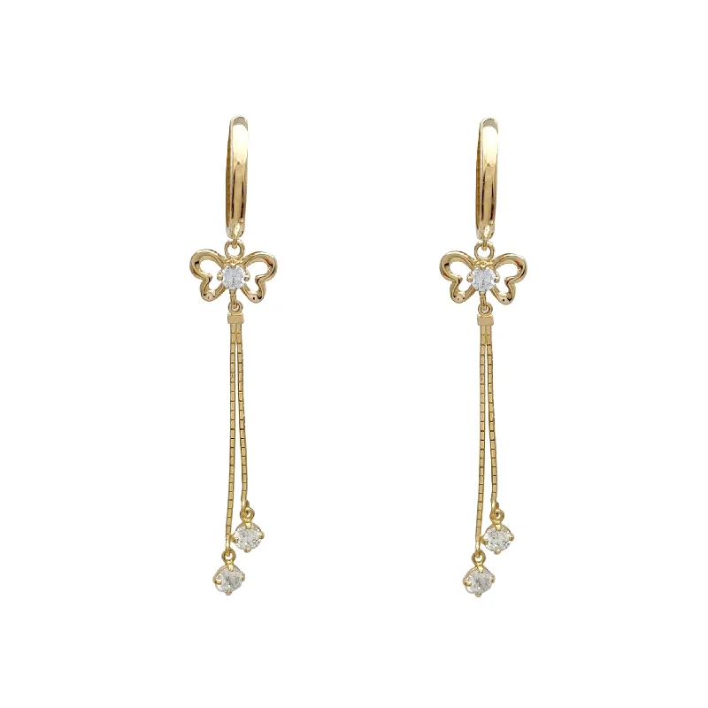 birthstone earrings for women-Zirconia Outlined Butterfly Dangling Huggie Earrings (14K)