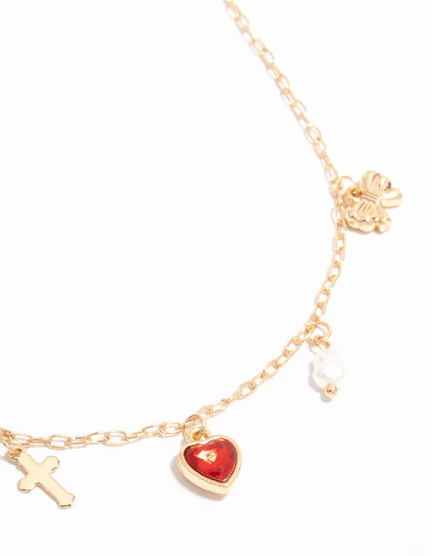 personalized gold necklace for women-Gold Heart, Butterfly, Cross & Pearl Charm Necklace