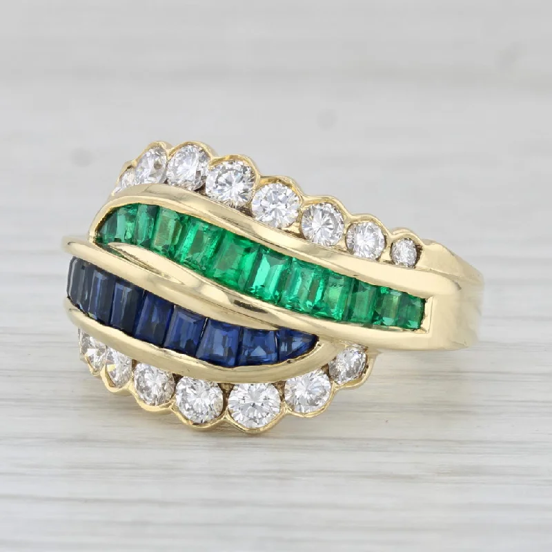 wedding engagement rings for women-Kurt Wayne 2.42ctw Diamond Emerald Sapphire Crossover Ring 18k Yellow Gold Sz 7