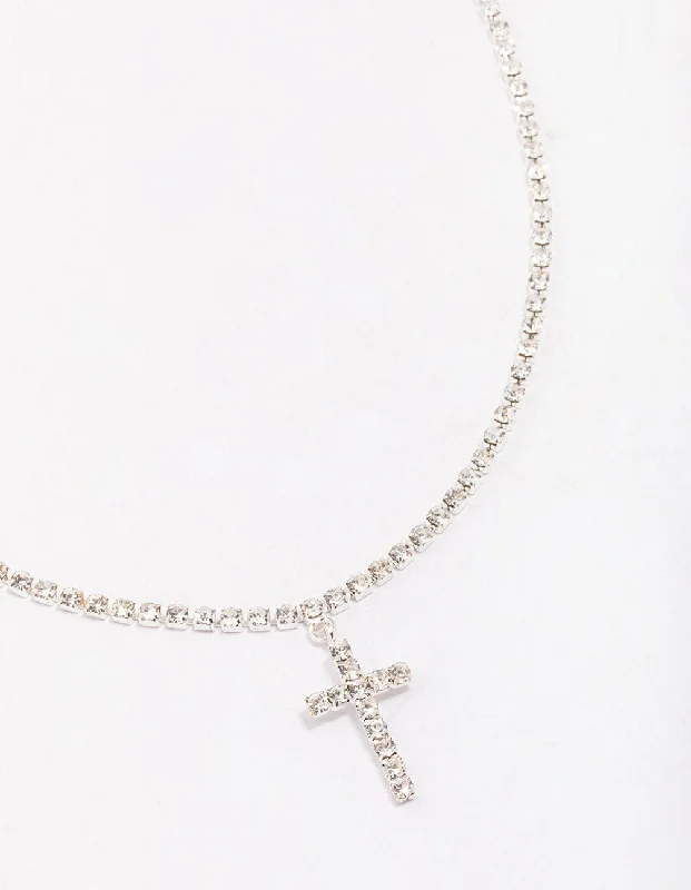 name necklace for women-Silver Cup Chain Chain Cross Pendant Necklace