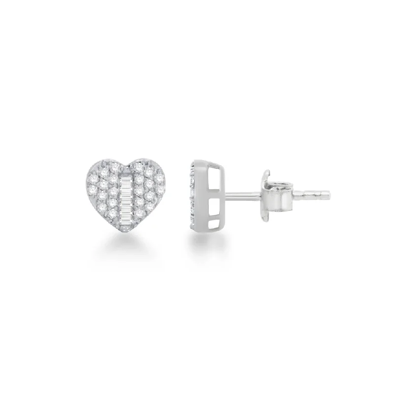 fashion earrings for women-Diamond Baguette Cut Heart Stud Earring (14K)