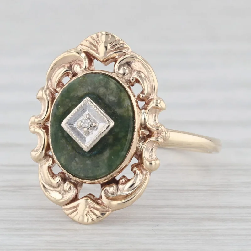 princess cut diamond engagement rings for women-Vintage Green Nephrite Jade Diamond Signet Ring 10k Yellow Gold Size 6