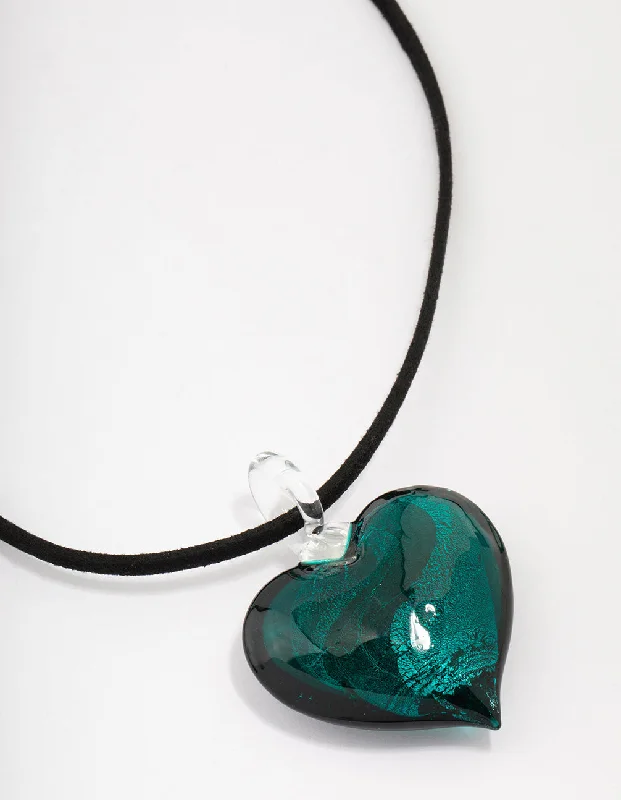 luxury diamond necklace for women-Black Cord & Teal Puffy Heart Pendant Necklace