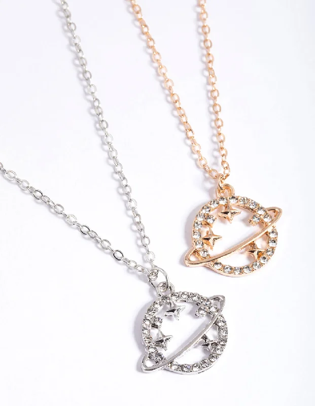 gold chain necklace for women-Mixed Metal Diamante Saturn Necklace Pack