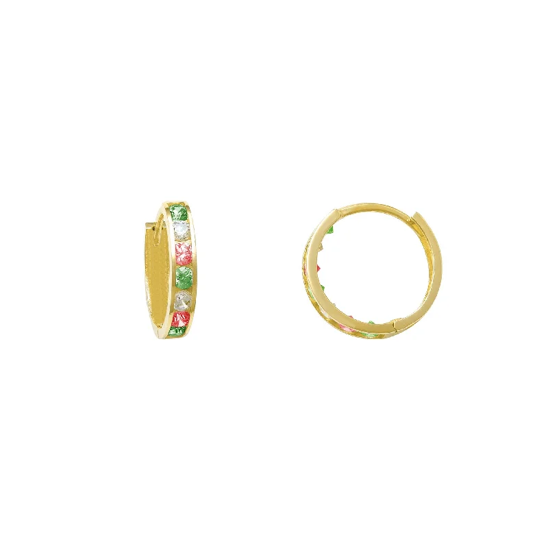 unique stud earrings for women-Zirconia Green-Red-White Huggie Earrings (14K)