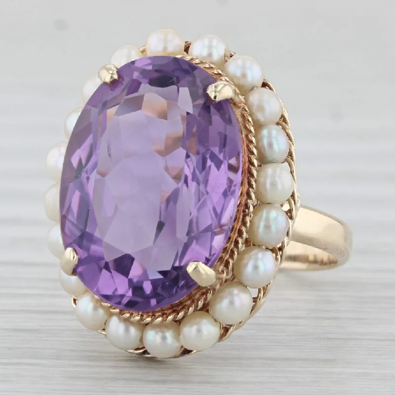 beautiful engagement rings for women-12ct Oval Amethyst Pearl Halo Ring 14k Yellow Gold Size 8 Cocktail