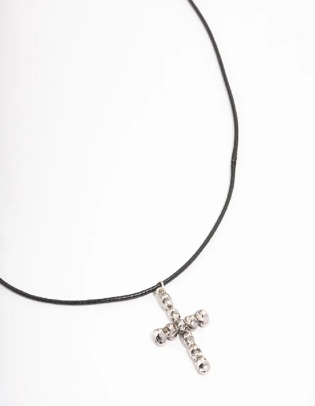 gold necklace for women-Silver Cord Skull Cross Necklace