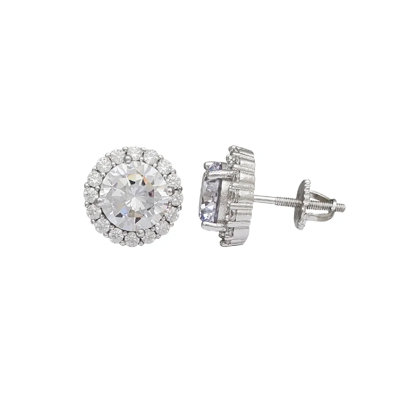 colorful earrings for women-Zirconia Round Halo Stud Earrings (Silver)