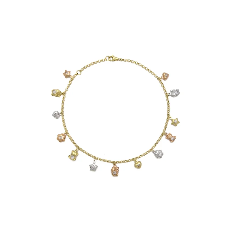 chunky gold bracelet for women-Tri-Color Lovely Charms Anklet (14K)