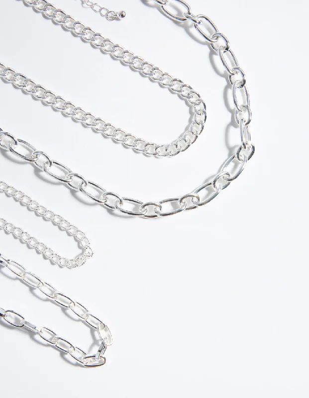 vintage necklace for women-Silver Mixed Chain Choker 4-Pack