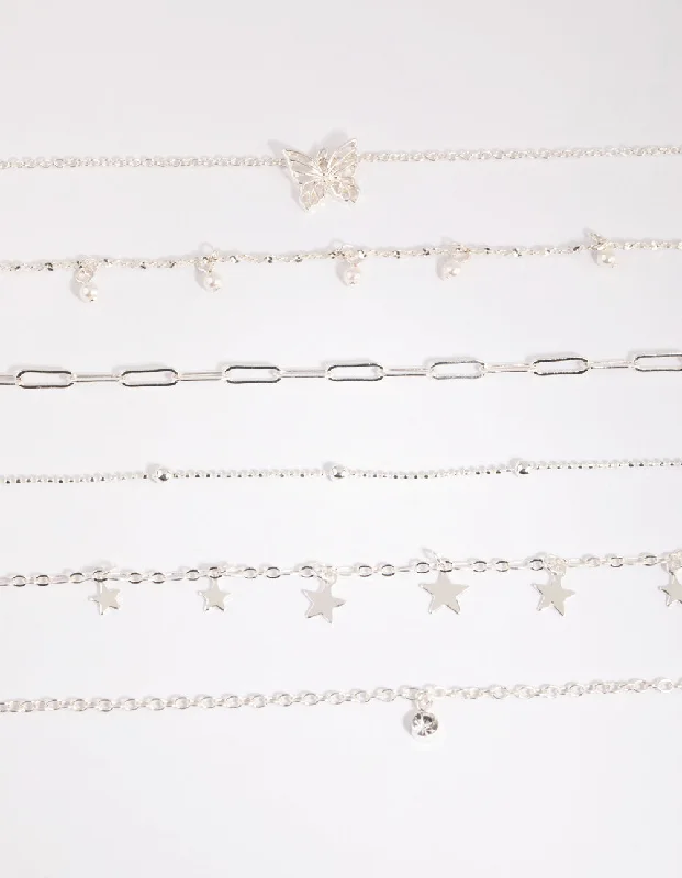 birthstone pendant necklace for women-Silver Star & Pearl Choker 6-Pack