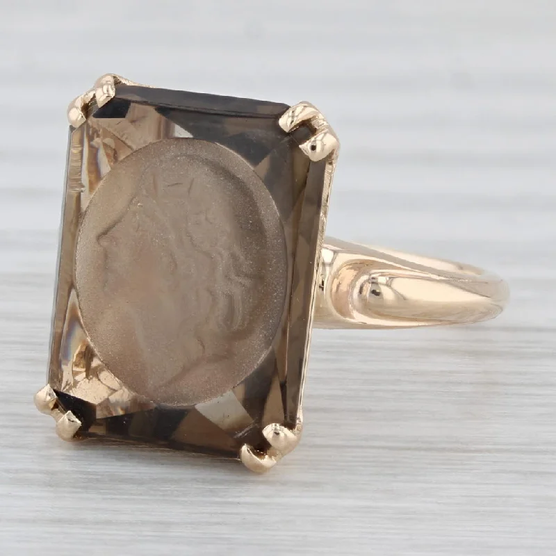 silver engagement rings for women-6.40ct Smoky Quartz Carved Cameo Ring 14k Yellow Gold Size 7.5