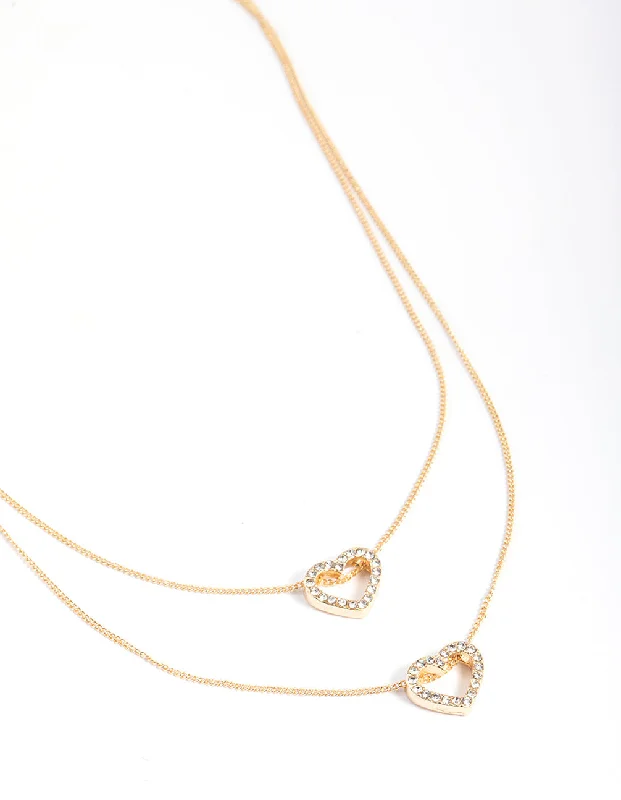 long gold necklace for women-Gold Double Diamante Open Heart Layered Necklace