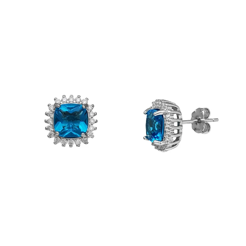 turquoise earrings for women-Zirconia Cushion Halo Stud Earrings (Silver)