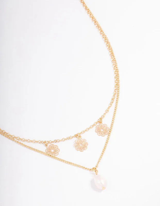 multi-strand necklace for women-Gold Filo Flower & Pearl Layered Necklace