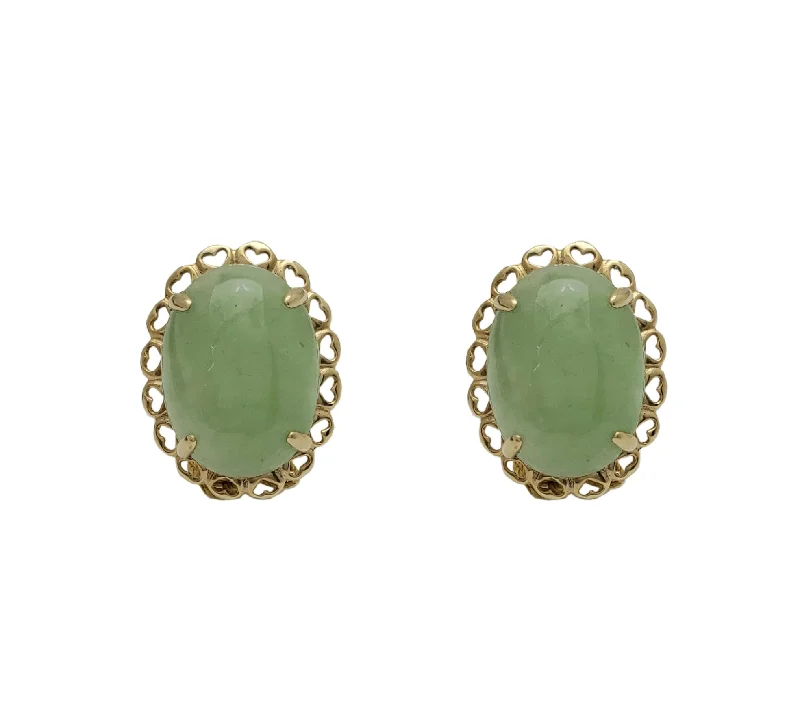 bold earrings for women-Oval Jade Heart Frame Omega Stud Earrings (14K)