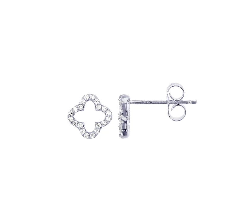 elegant earrings for women-Paved Open Clover Stud Earrings (Silver)