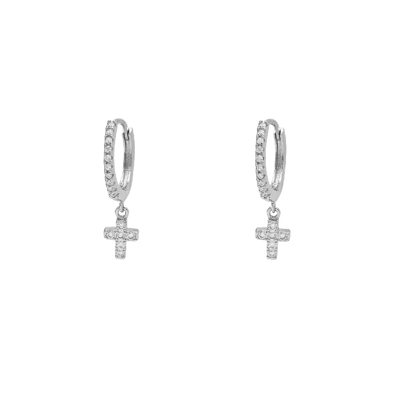 fashion earrings for women-Zirconia Cross Huggie Dangling Earrings (Silver)