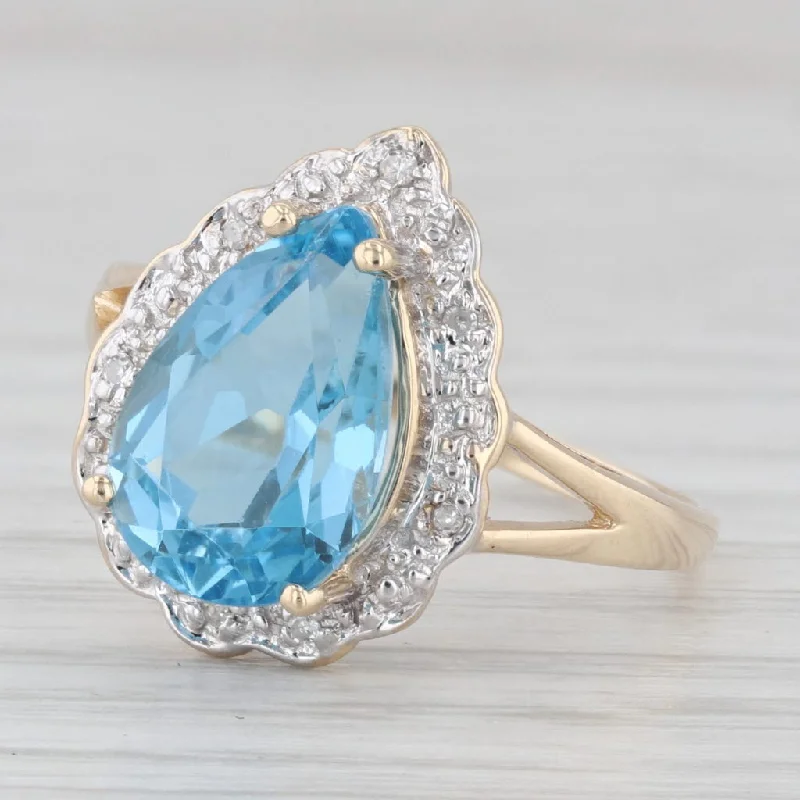 trendy engagement rings for women-3.65ctw Pear Blue Topaz Diamond Halo Ring 10k Yellow Gold Size 7.25