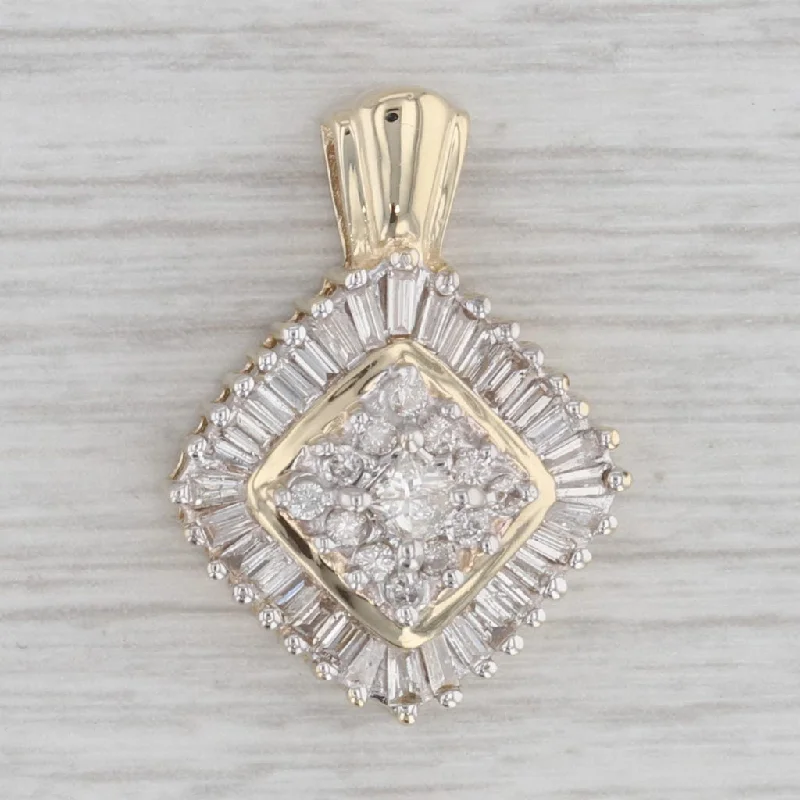 unique engagement rings for women-1.04ctw Diamond Cluster Halo Pendant 14k Yellow Gold Princess Round Baguette