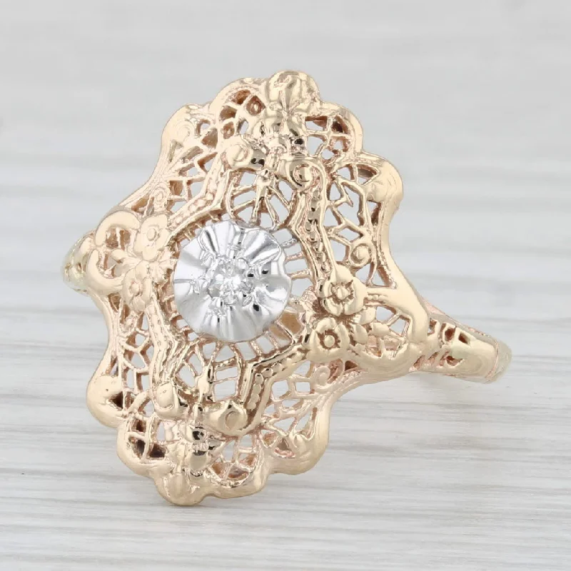 mixed metal engagement rings for women-Vintage Diamond Filigree Ring 14k Yellow Gold Size 8.5