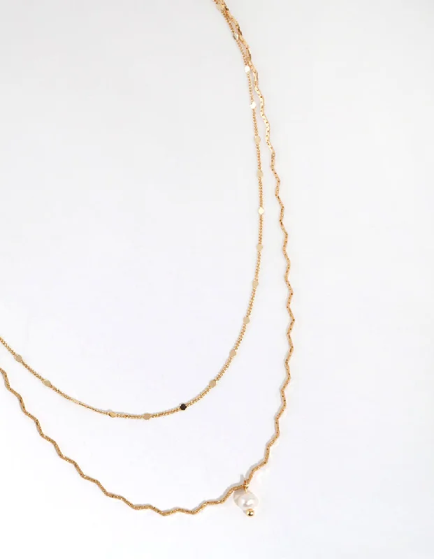 moon necklace for women-Gold Plated Wave Chain & Freshwater Pearl Layered Necklace