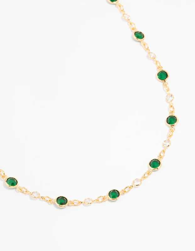 dainty necklace for women-Gold Plated Emerald Round Station Necklace