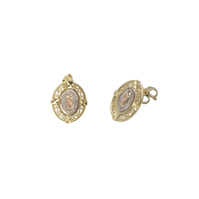 gold chandelier earrings for women-Tri-Color Guadalupe Filigree Oval Stud Earrings (14K)