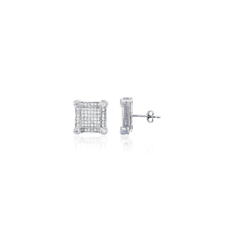 opal stud earrings for women-Micropave Square CZ Stud Earring (Silver)