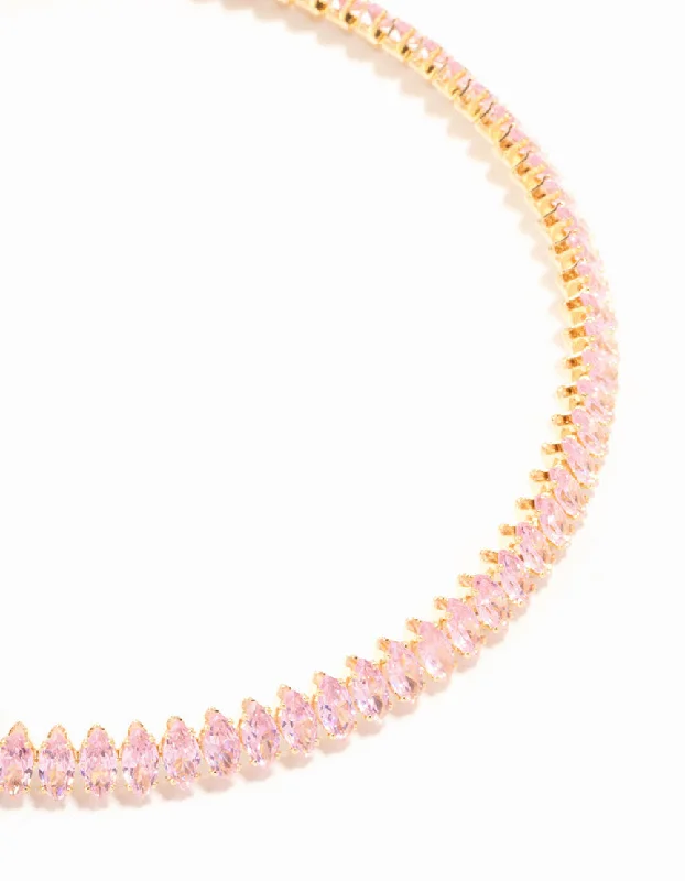 monogram necklace for women-Pink Cubic Zirconia Navette Choker Gold Necklace