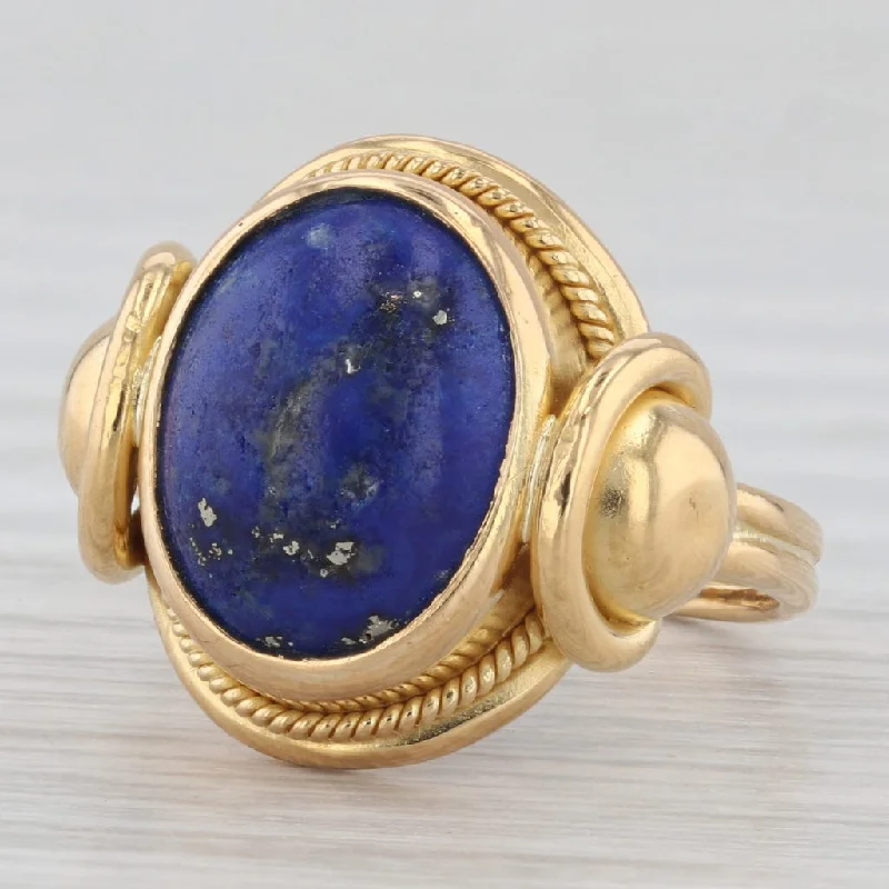 classic gold engagement rings for women-Vintage Blue Lapis Lazuli Ring 22k Yellow Gold Size 5.5 Oval Cabochon Solitaire