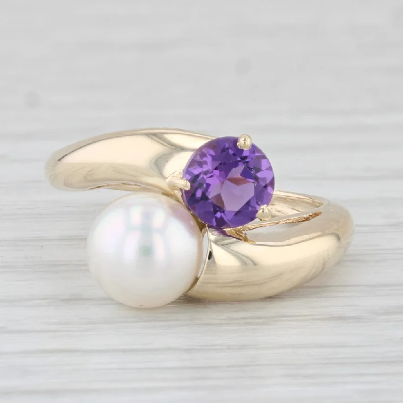 white gold engagement rings for women-Amethyst Cultured Pearl Bypass Ring 10k Yellow Gold Size 7