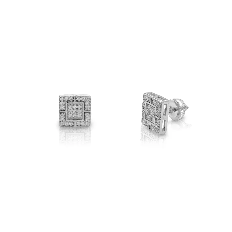 moonstone earrings for women-Inscribed Square Crosshair Stud Earrings (Silver)