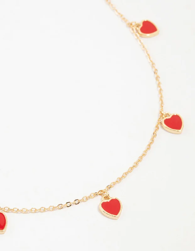 gold choker necklace for women-Gold Red Enamel Heart Necklace