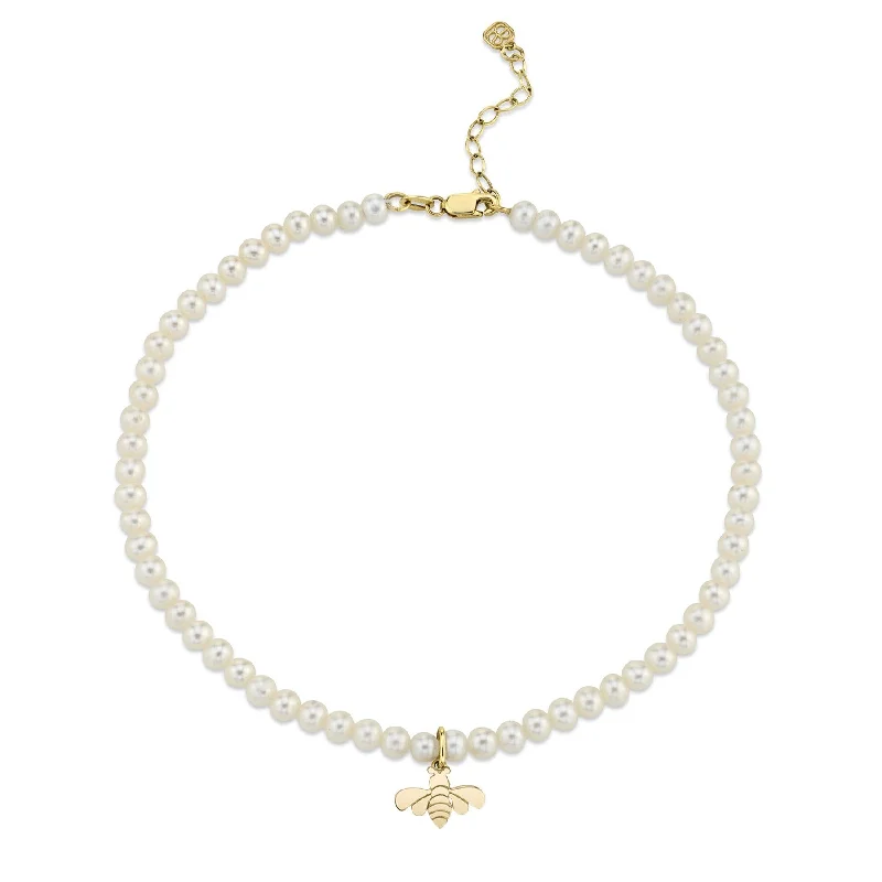 ethnic bracelet for women-Pure Gold Tiny Bee Anklet on Fresh Water Pearls