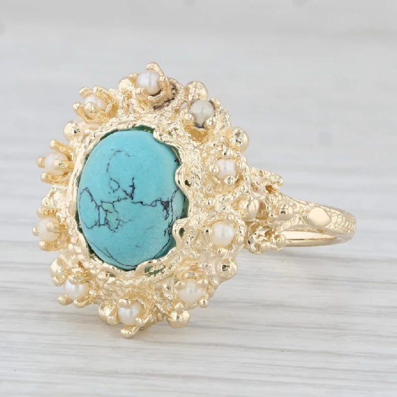 stackable engagement rings for women-Lab Created Turquoise Pearl Ring 14k Yellow Gold Size 7.5 Oval Cabochon