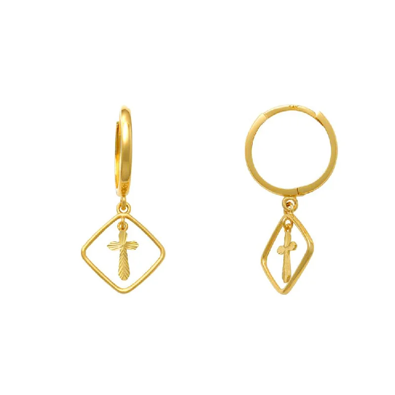 luxury gemstone earrings for women-Rhombus Halo Cross Drop Earrings (14K)