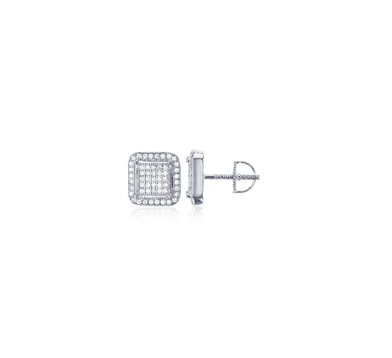 beautiful earrings for women-Micropave Rounded Square CZ Stud Earrings (Silver)