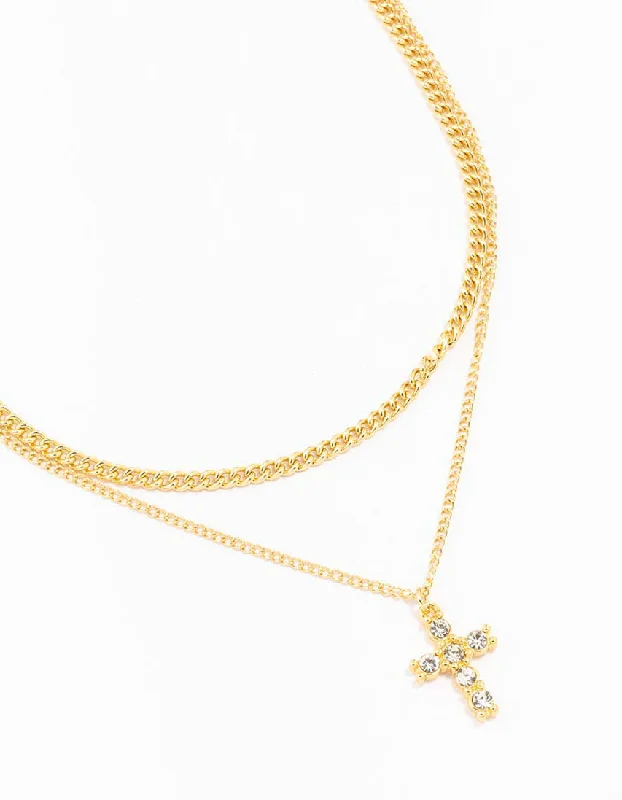 long necklace for women-Gold Plated Diamante Cross Layered Cross Pendant Necklace