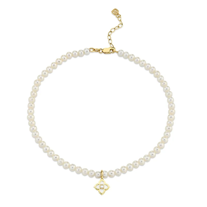 rose gold anklet for women-Gold & Pearl Mini Moroccan Flower Anklet on Fresh Water Pearls