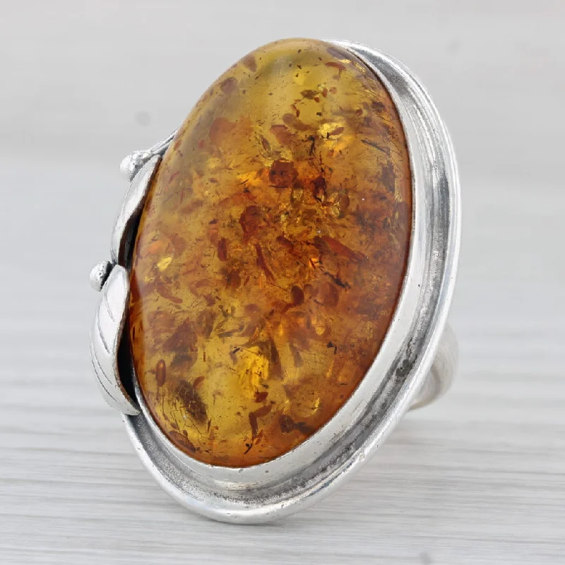 antique platinum engagement rings for women-Amber Oval Cabochon Statement Ring Sterling Silver Size 7 Handmade