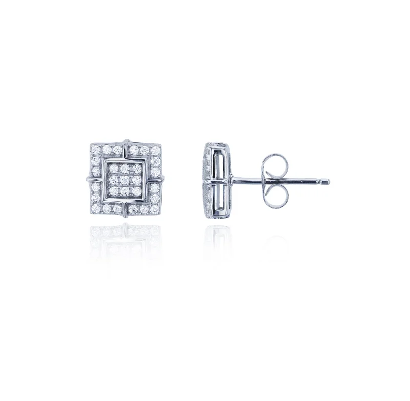 sterling silver earrings for women-Square Micropave CZ Stud Earring (Silver)