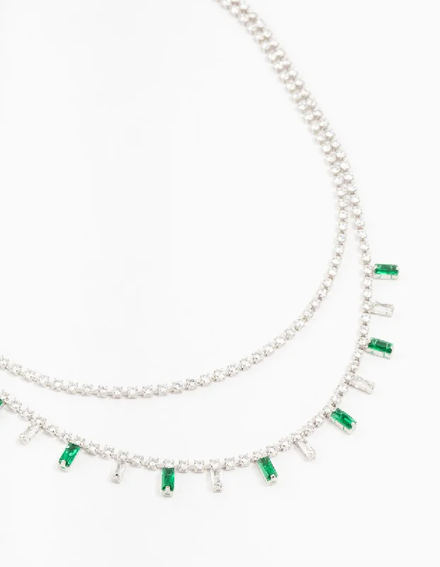 diamond necklace set for women-Silver Baguette Green & Silver Cubic Zirconia Stones Layered Necklace