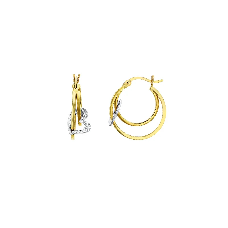 small hoop earrings for women-Two-Tone Faceted Heart Double Huggie Earrings (14K)